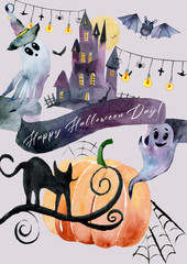 watercolor postcard on Halloween. Happy Halloween Day!