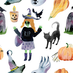 Set of hand-drawn elements painted in watercolor. Cute illustratio ns for Halloween. Watercolor halloween collection. Artistic autumn constructor clip art.