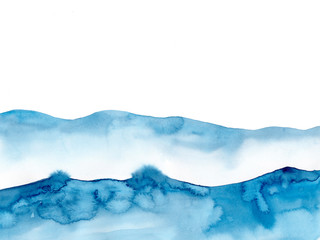 Watercolor blue winter snowing background, Look like wave and sea. Original painting on watercolour paper. Illustration for decoration element. Backdrop with ocean water. Minimalism, monochromatic.