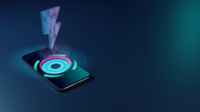 3D rendering neon holographic phone symbol of photo  icon on dark background