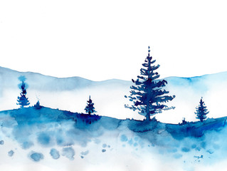 Watercolor winter forest and blue snow background. Hand painting Christmas Illustration for print, texture, wallpaper or element. Beautiful watercolour wood isolated on white.