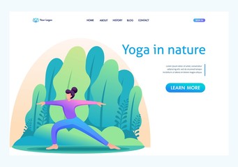 Yoga girl surrounded by plants outdoors, in the Park, in the forest. Flat 2D character. Landing page concepts and web design