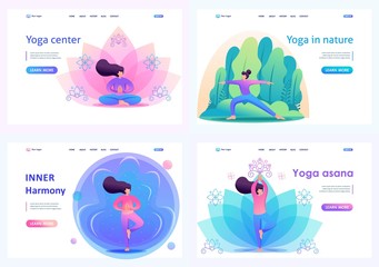 Set Flat 2D concepts by doing yoga, pose, asana, outdoors in the Park and on bright backgrounds. For Landing page concepts and web design