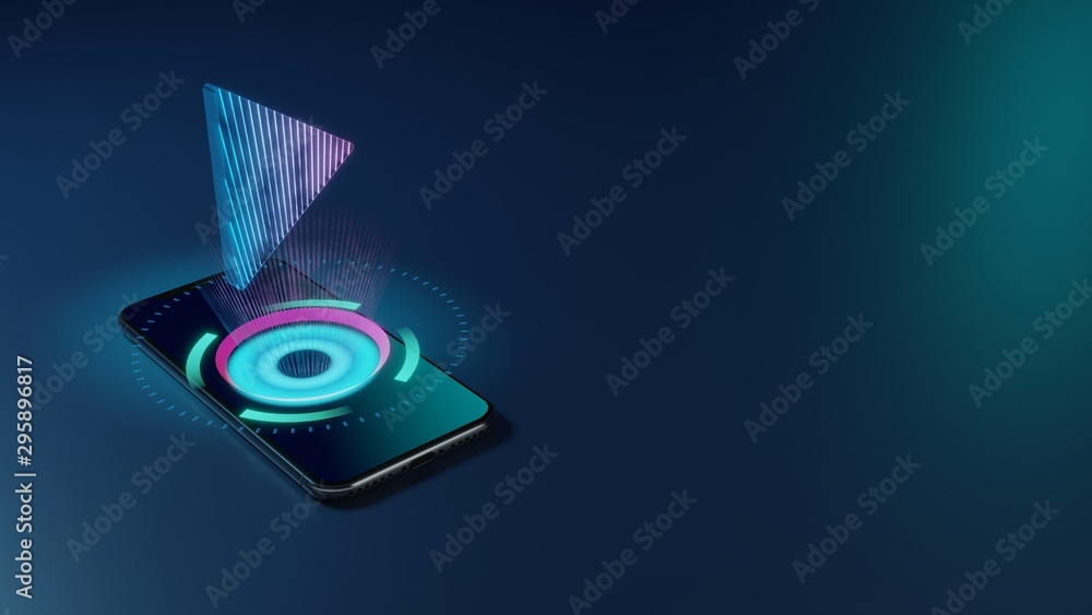 Poster 3d rendering neon holographic phone symbol of play button icon on dark background