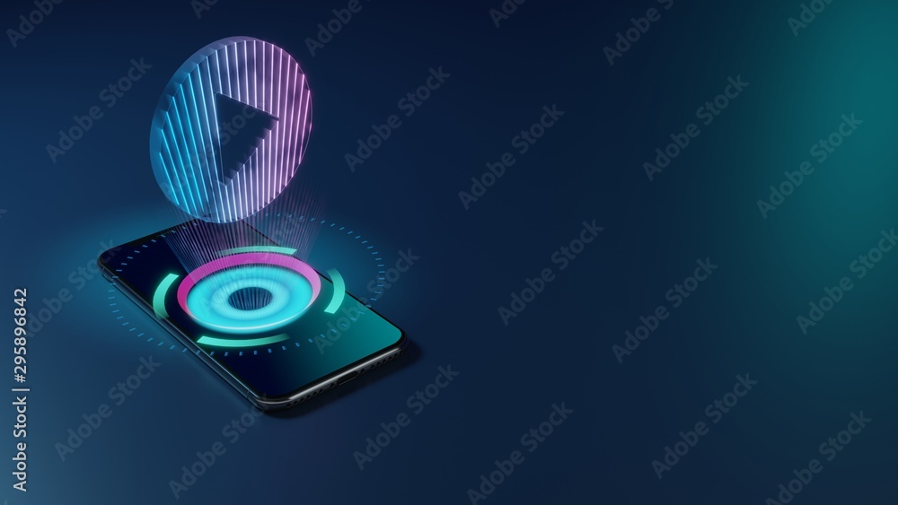 Poster 3d rendering neon holographic phone symbol of play button icon on dark background