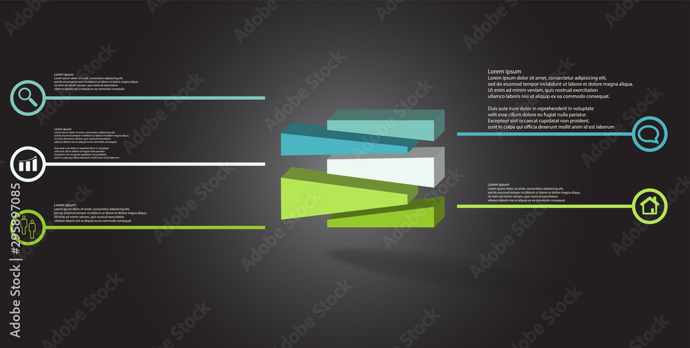 Wall mural 3D illustration infographic template with embossed cube randomly divided to five moved parts