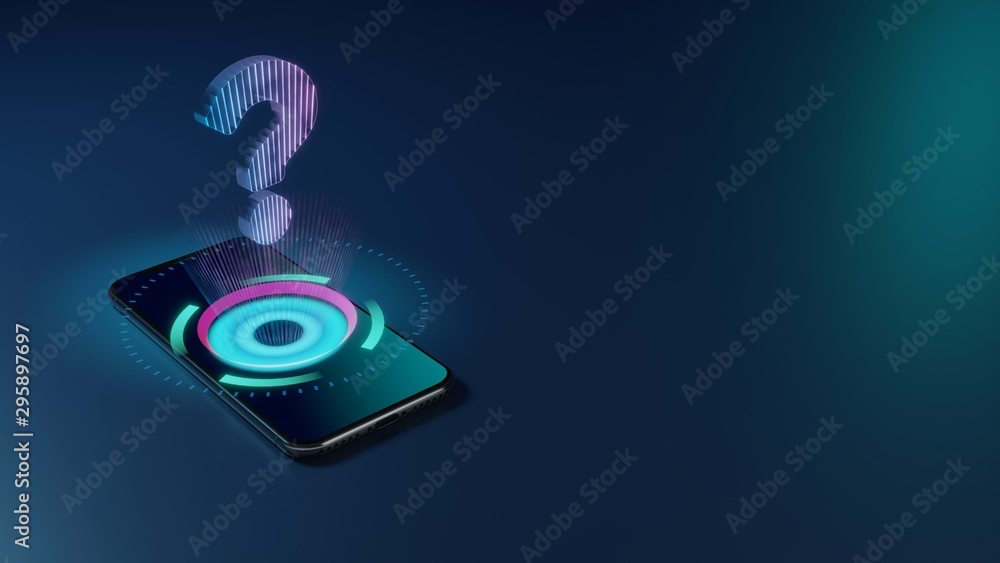Poster 3d rendering neon holographic phone symbol of question icon on dark background