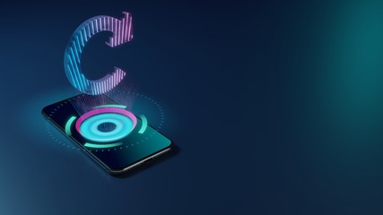 3D rendering neon holographic phone symbol of redo  icon on dark background