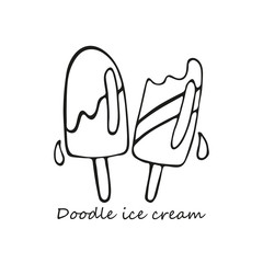 Two hand-drawn melting ice creams, popsicles. In doodle style, black outline isolated on a white background. For banners, cards, coloring books, design, business. Vector illustration