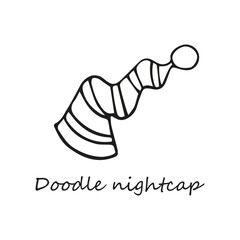 Single hand-drawn striped night cap with a pompom. In doodle style, black outline isolated on a white background. For banners, cards, coloring books, design, business. Vector illustration