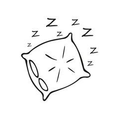 Single hand-drawn pillow with zzz sleep symbol. In doodle style, black outline isolated on a white background. For banners, cards, stickers, coloring books, design, business. Vector illustration