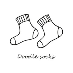 Single hand-drawn pair of socks. In doodle style, black outline isolated on a white background. For banners, cards, coloring books, design, business. Vector illustration