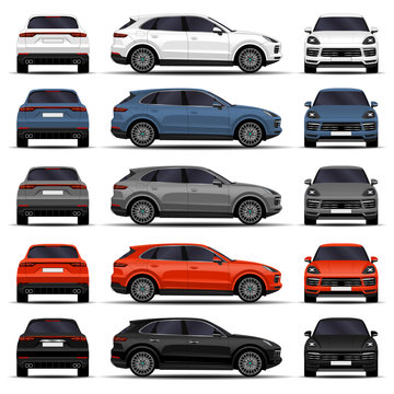realistic SUV car. cars set. front view; side view; back view.