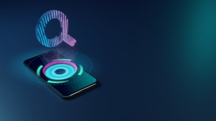 3D rendering neon holographic phone symbol of search icon on dark background
