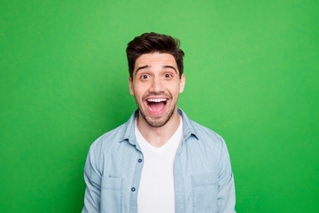 Close up photo of amazing macho guy revealing perfect white teeth looking on unbelievable low...