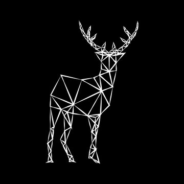Creative geometric figure of a wild deer from a white torn contour on a black background. Minimalism in the style of trigonometry. Industrial loft.