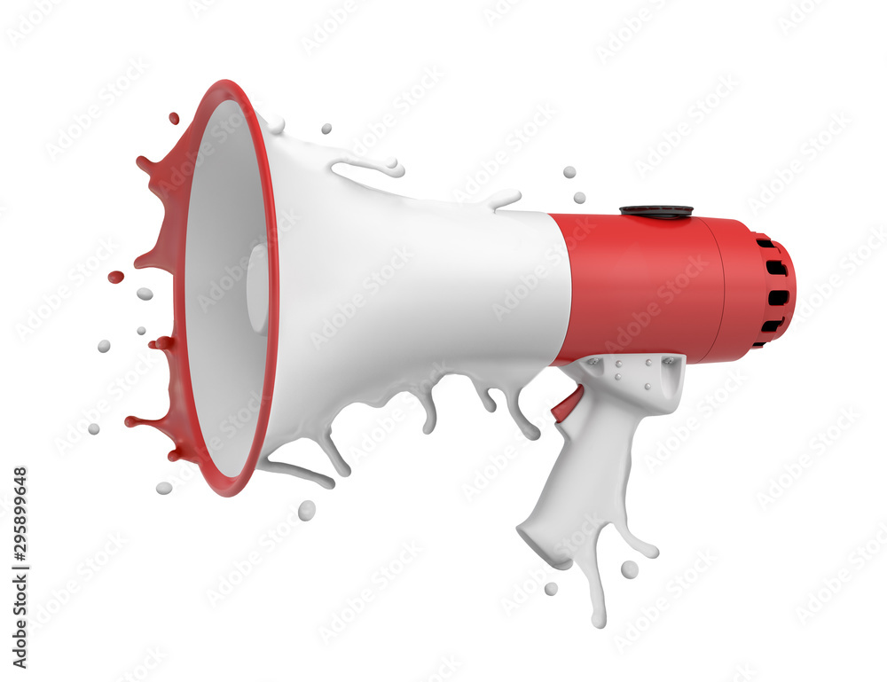 Poster 3d rendering of a red and white megaphone melting on white background