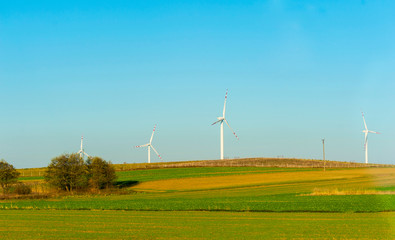 Wind turbines generating electricity. Electrical windmills.