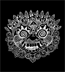 Iilustration of a Thai mask. Black and white drawing of the eastern deity. Chalk on a blackboard.