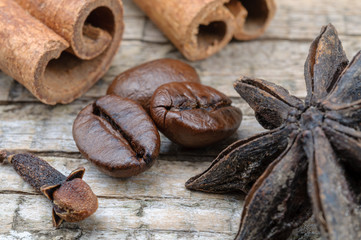 Spices cinnamon, star anise, cloves and coffee beans.