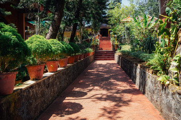 Walkway in tropical garden in indian yoga ashram