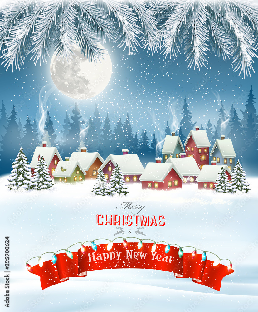 Aufkleber merry christmas background with branches of tree and winter village.vector