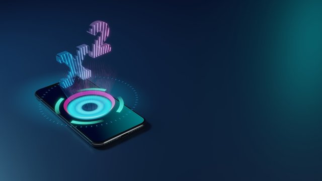 3D rendering neon holographic phone symbol of superscript icon on dark background