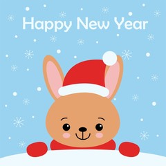 Cute rabbit card. Santa Claus hat on bunny vector illustration. New Year square banner with smiling bunny. Winter holiday package design. Flat forest animal.