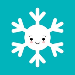 Cute white snowflake in cartoon style on blue background. Adorable snow flakes smiley characters. Funny christmas doodles.