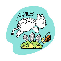 Aries Astrological Zodiac sign with cute cat character. Cat zodiac icon. Kitten Aries sticker. Baby shower or birthday greeting card