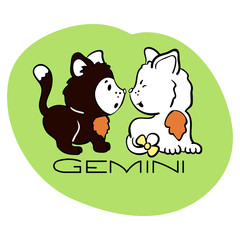 Gemini Astrological Zodiac sign with cute cat character. Cat zodiac icon. Kitten Gemini sticker. Baby shower or birthday greeting card