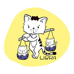 Libra Astrological Zodiac sign with cute cat character. Cat zodiac icon. Kitten Libra sticker. Baby shower or birthday greeting card