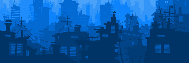 cartoon blue city panoramic background with different houses