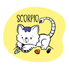 Scorpio Astrological Zodiac sign with cute cat character. Cat zodiac icon. Kitten Scorpio sticker. Baby shower or birthday greeting card