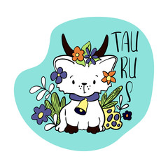 Taurus Astrological Zodiac sign with cute cat character. Cat zodiac icon. Kitten Taurus sticker. Baby shower or birthday greeting