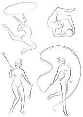 Collection. Rhythmic gymnastics. Silhouette of a girl with maces, ball, ribbon, hoop. Beautiful gymnast. The woman is slim and young. Vector illustration of a set