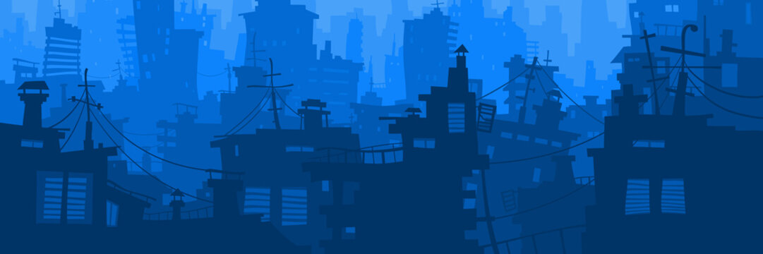 cartoon blue city panoramic background with different houses