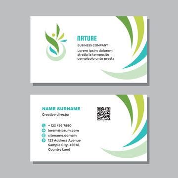 Business Visit Card Template With Logo - Concept Design. Nature Green Leaves Human Branding. Vector Illustration. 