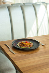 duck meat carpaccio with pear flambe (tasty snack, aperitif) menu concept. food background. copy space. Top view