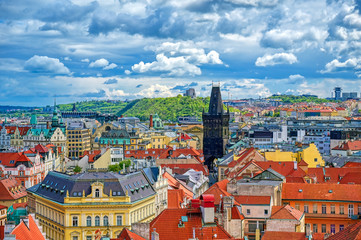 Naklejka na ściany i meble An aerial view of Prague, Czech Republic on a sunny day.