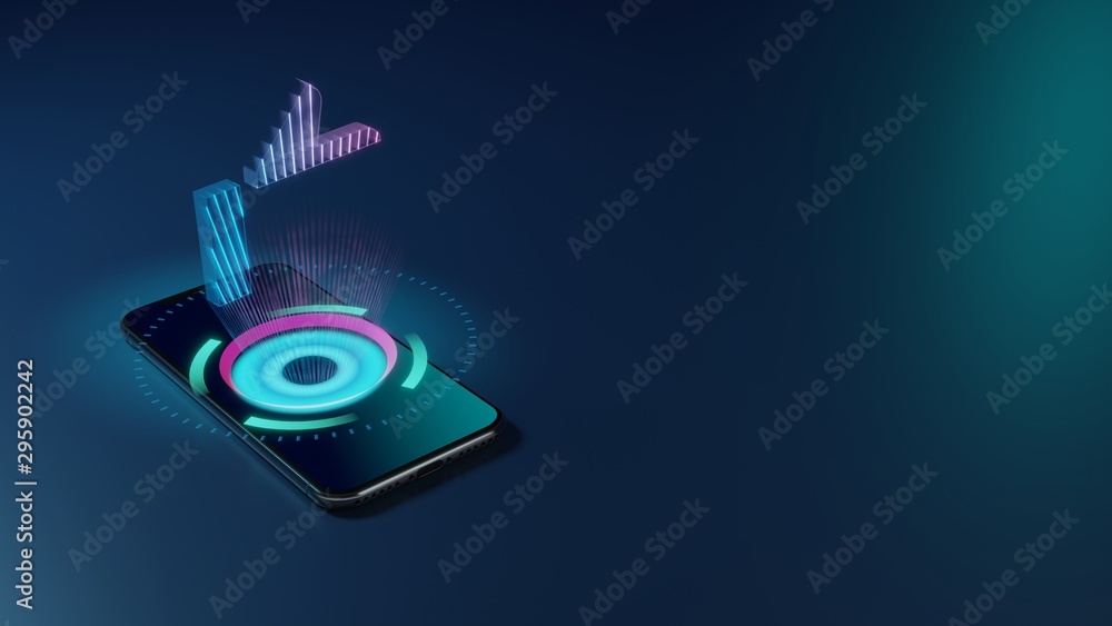 Poster 3d rendering neon holographic phone symbol of thumb up button icon on dark background