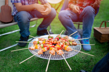 grilled barbecue on stove , people camping and cooking in garden, they feeling happy in party activity