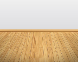 Empty room with white wall and wooden floor interior.laminate flooring, wood texture,wood plank perspective, natural wood, realistic, 3d. Vector