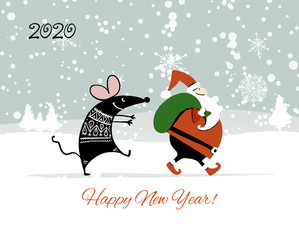 Christmas card with funny mouse and Santa in winter forest, symbol of 2020 year