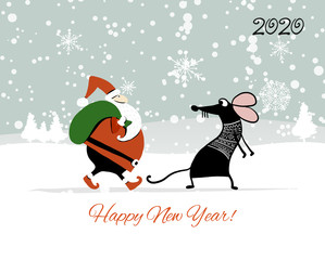 Christmas card with funny mouse and Santa in winter forest, symbol of 2020 year