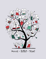 Funny mouses tree, symbol of 2020 year. Greeting card for your design