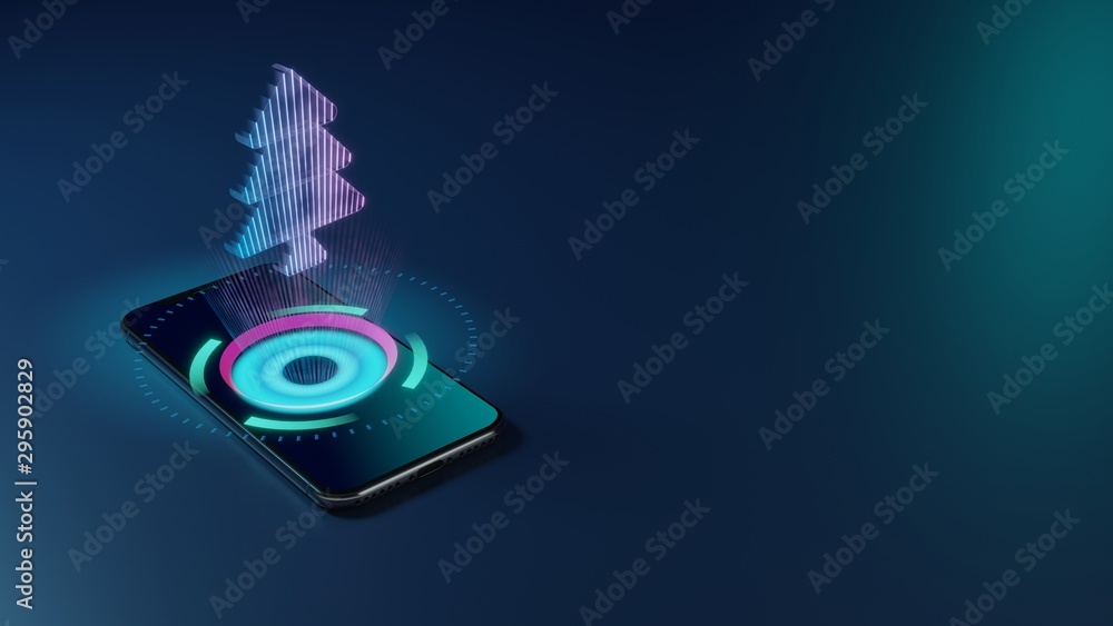 Poster 3d rendering neon holographic phone symbol of tree icon on dark background
