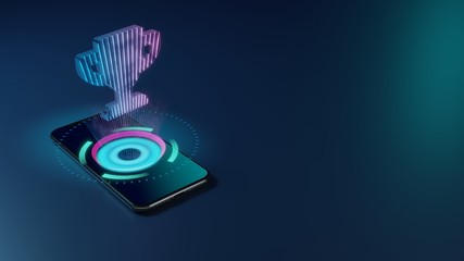 3D rendering neon holographic phone symbol of trophy icon on dark background