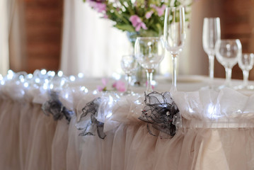 Wine glasses on a table in a restaurant