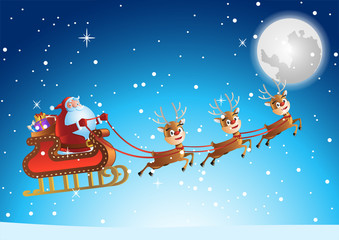 santa claus fly in sky at xmas night to send gift to people,vector illustration